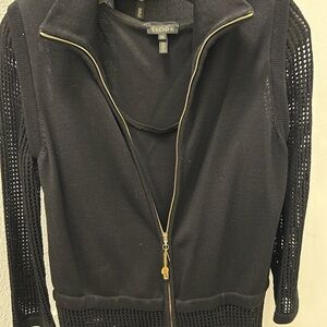 Escada Black Vest with Gold Zipper and Textured Sleeves